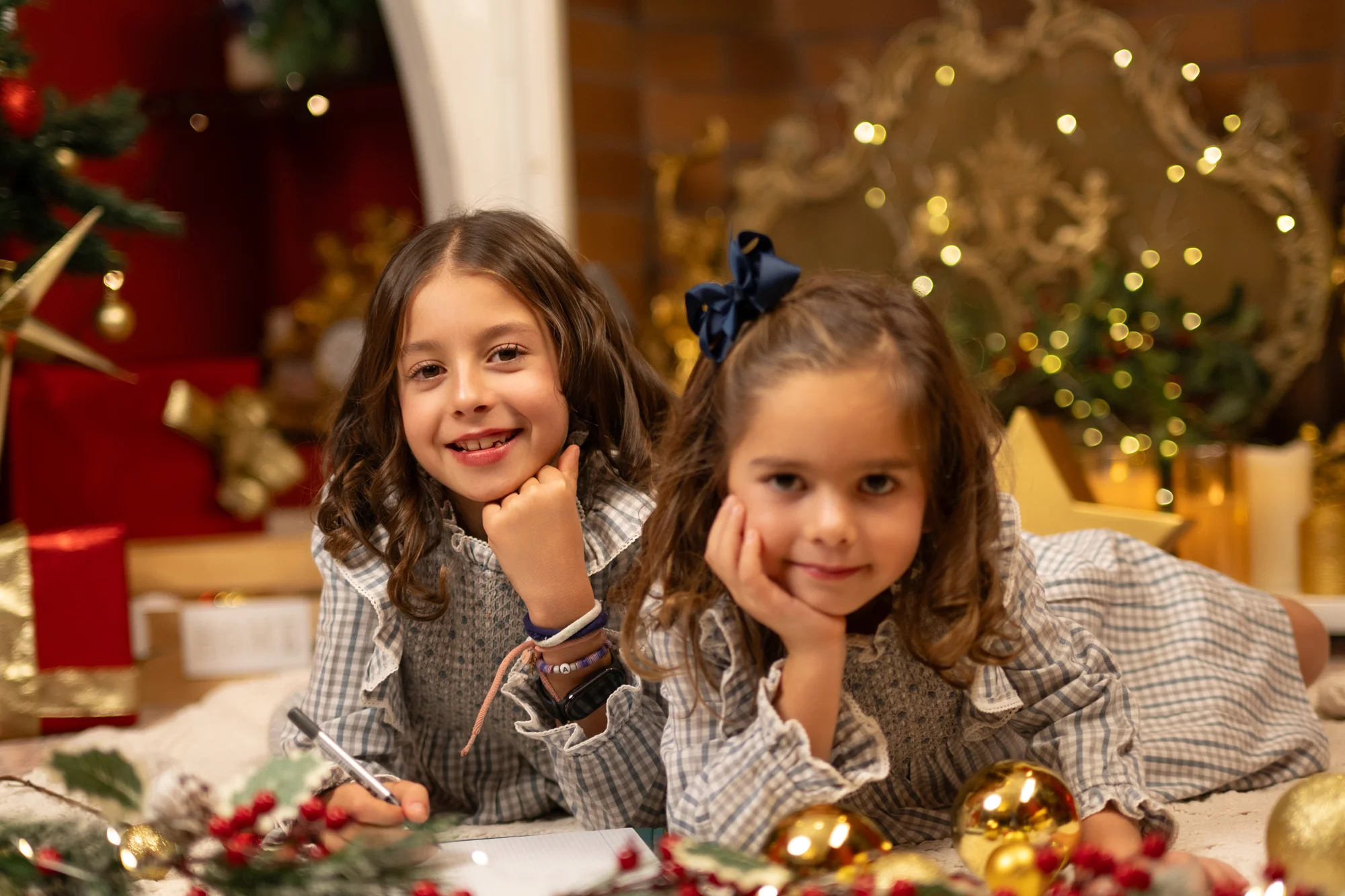 Dos hermanas pequeñas sonrientes tumbadas junto a un árbol de Navidad en una sesión navideña