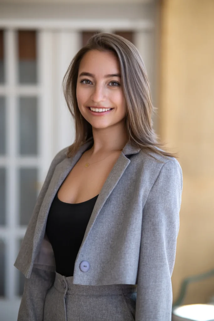 Retrato de una mujer joven sonriente con blazer gris en una sesión de marca personal
