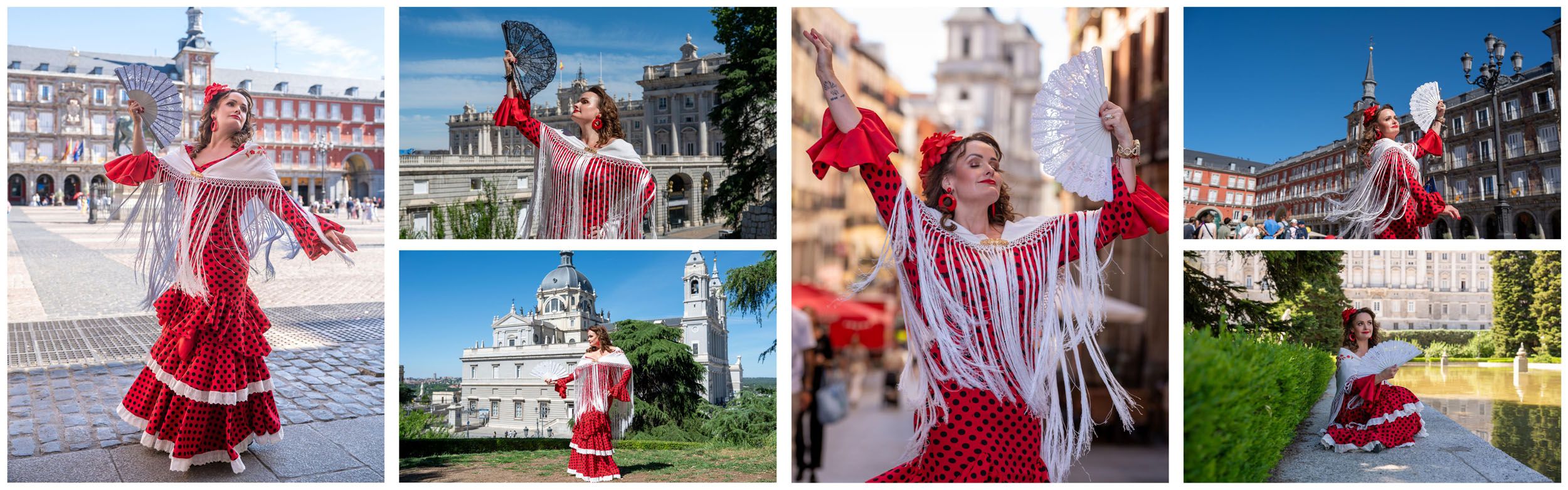 Fotos de sesiones en Madrid con el traje de flamenca rojo de lunares