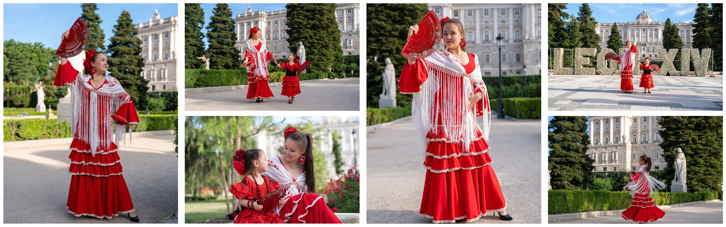 Fotos de sesiones en Madrid con el traje de flamenca rojo con rayas blancas