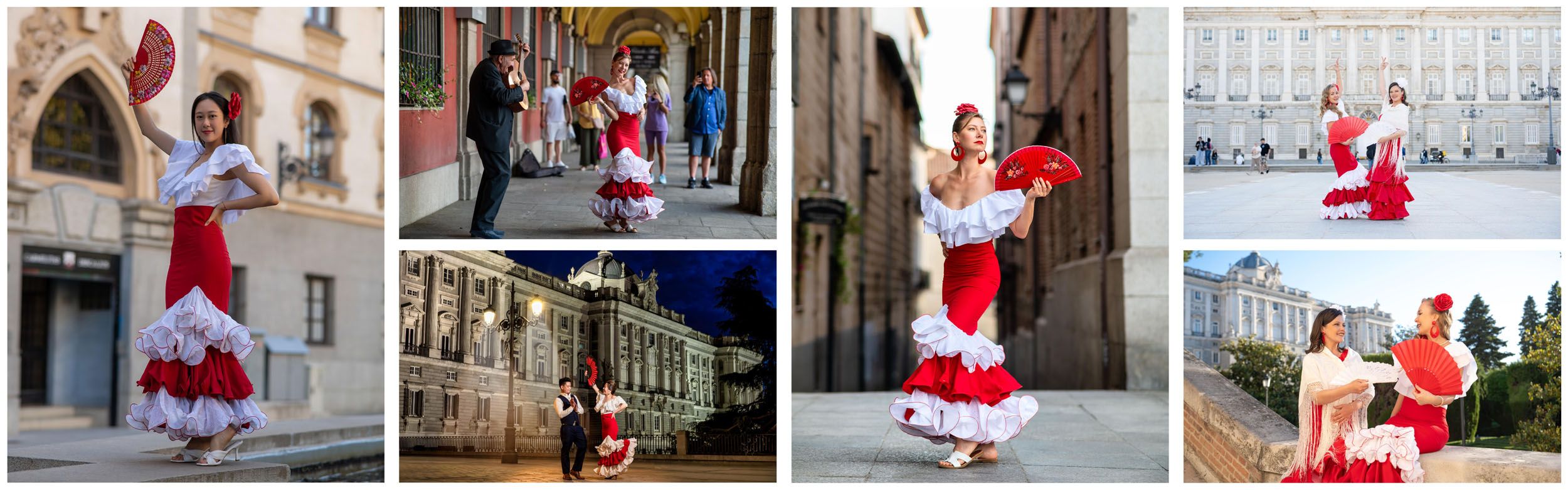 Fotos de sesiones en Madrid con el traje de flamenca rojo y blanco