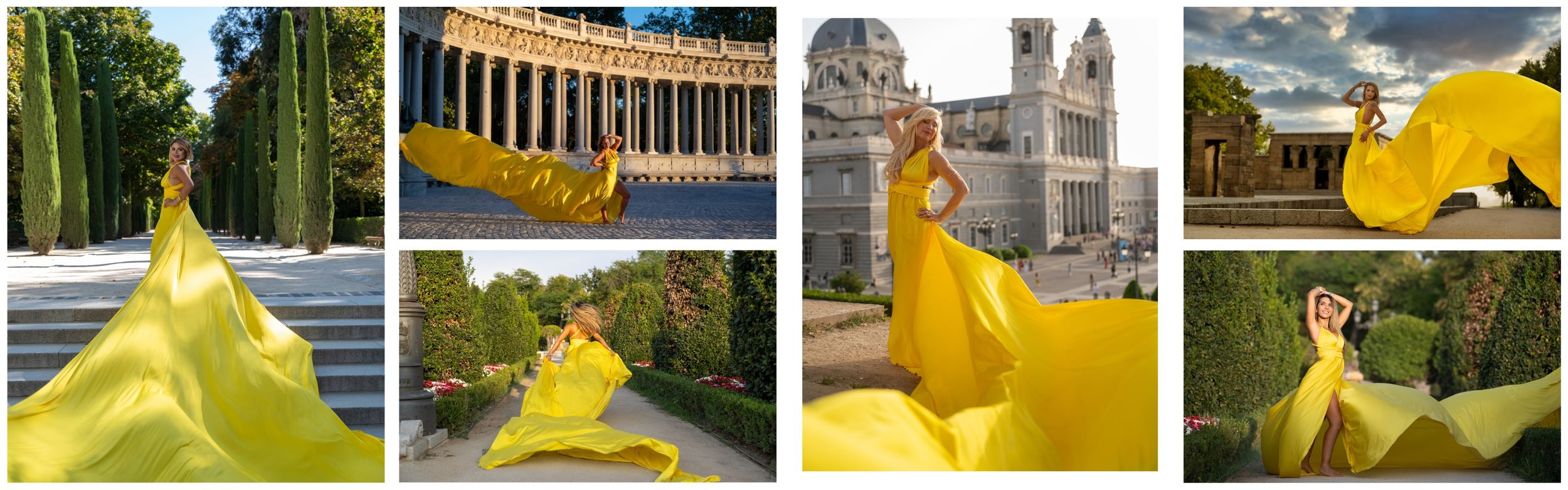 Fotos de sesiones Flying Dress en Madrid con el vestido de vuelo amarillo