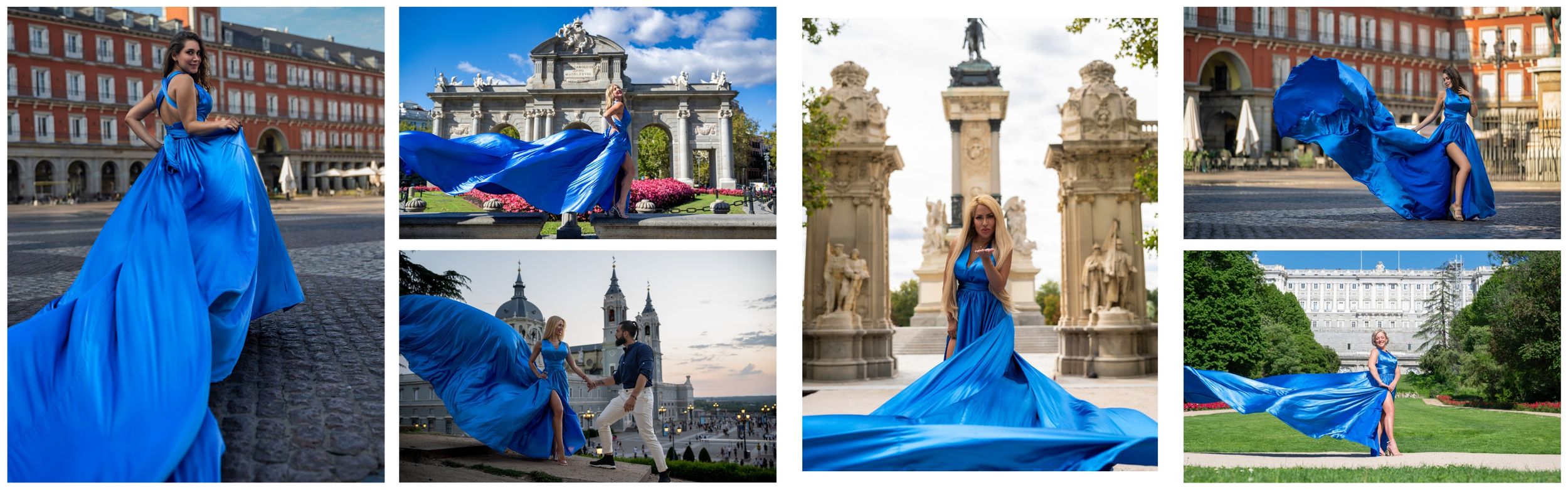 Fotos de sesiones Flying Dress en Madrid con el vestido de vuelo azul