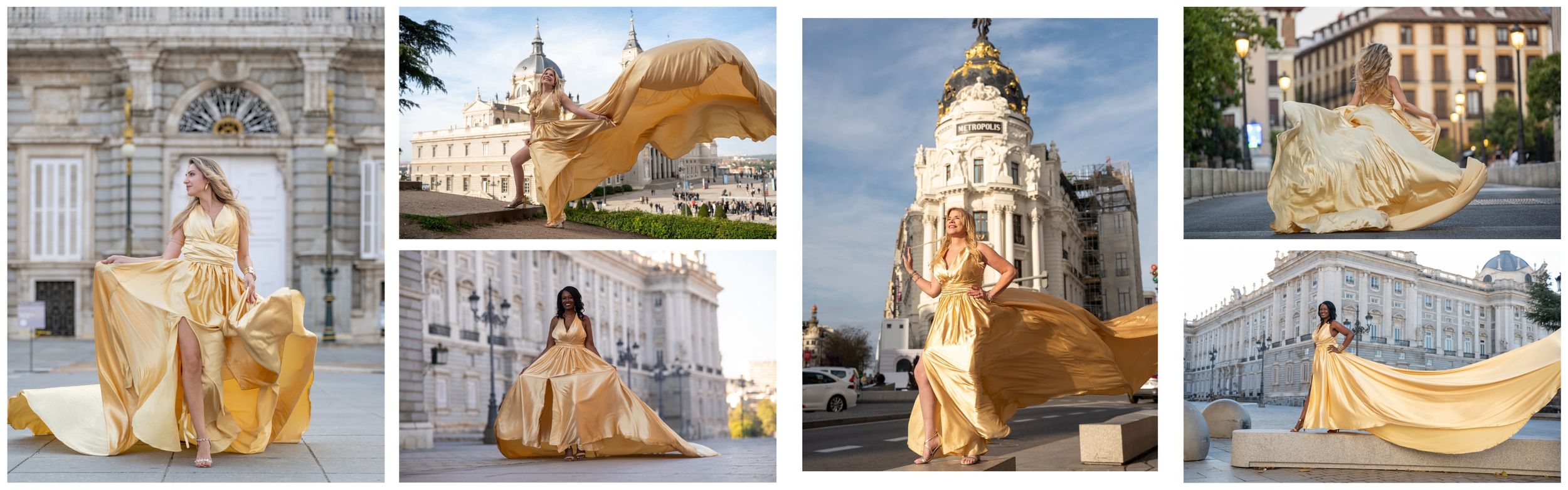 Fotos de sesiones Flying Dress en Madrid con el vestido de vuelo dorado