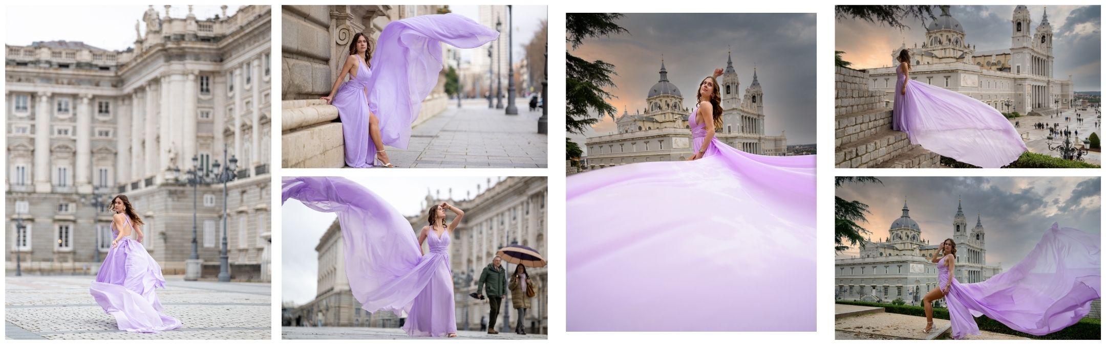 Fotos de sesiones Flying Dress en Madrid con el vestido de vuelo lila