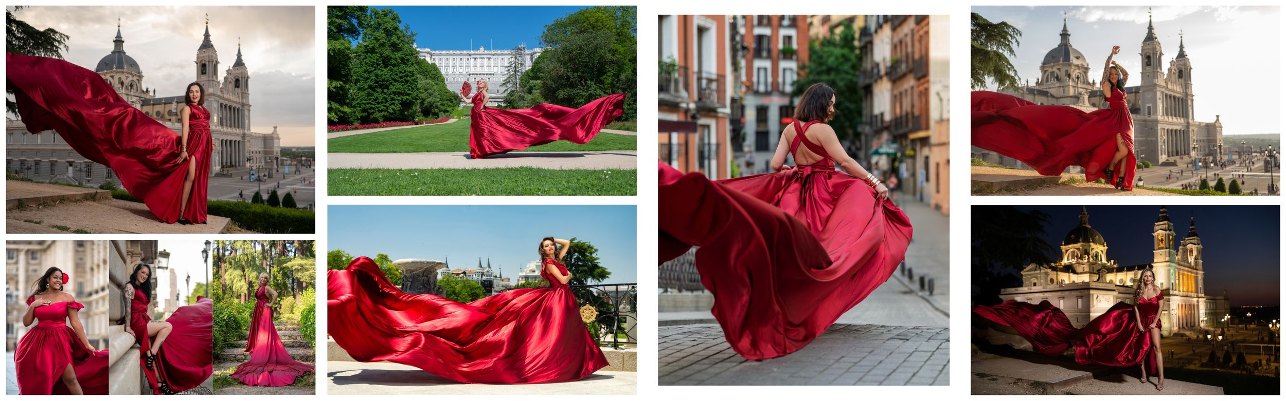 Fotos de sesiones Flying Dress en Madrid con el vestido de vuelo rojo