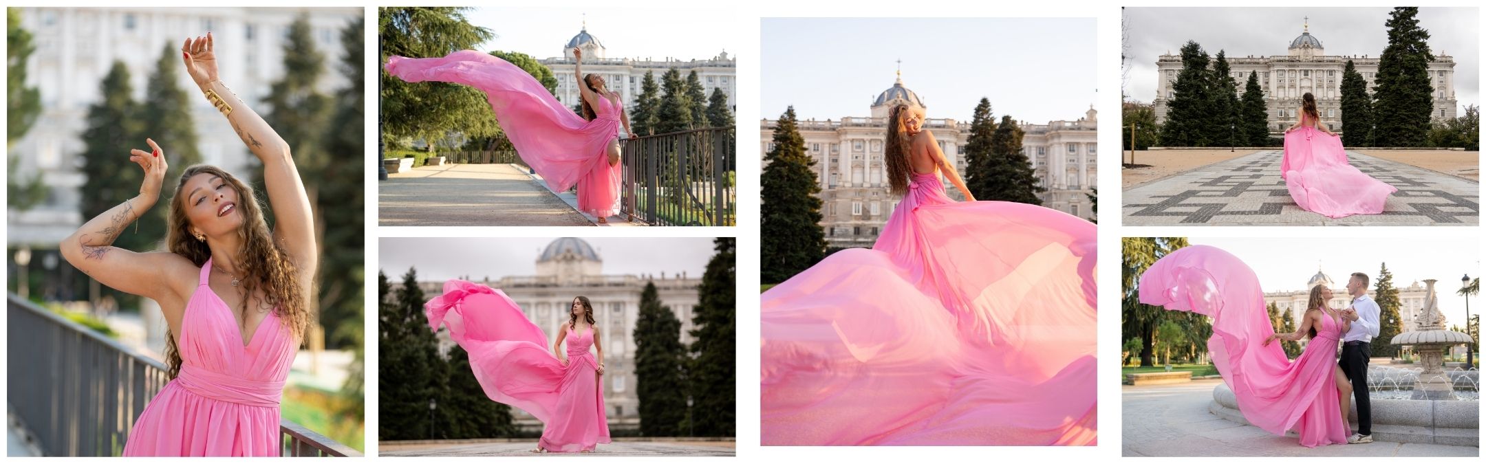 Fotos de sesiones Flying Dress en Madrid con el vestido de vuelo rosa