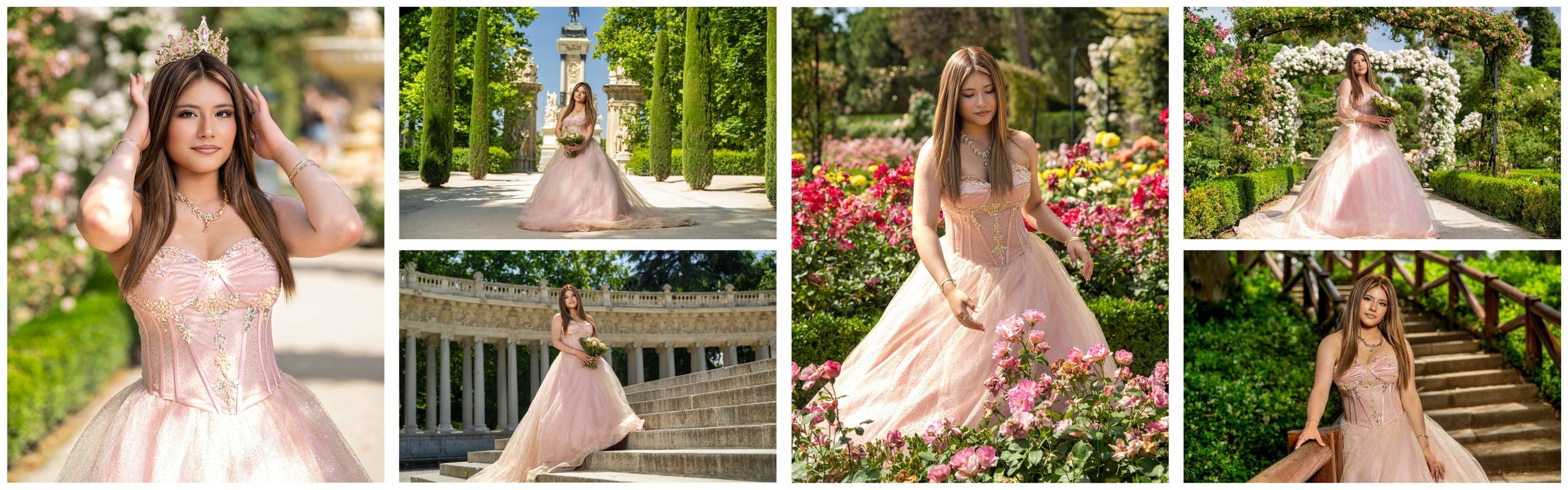 Fotos de sesiones de quinceañera en Madrid con el vestido rosa y dorado